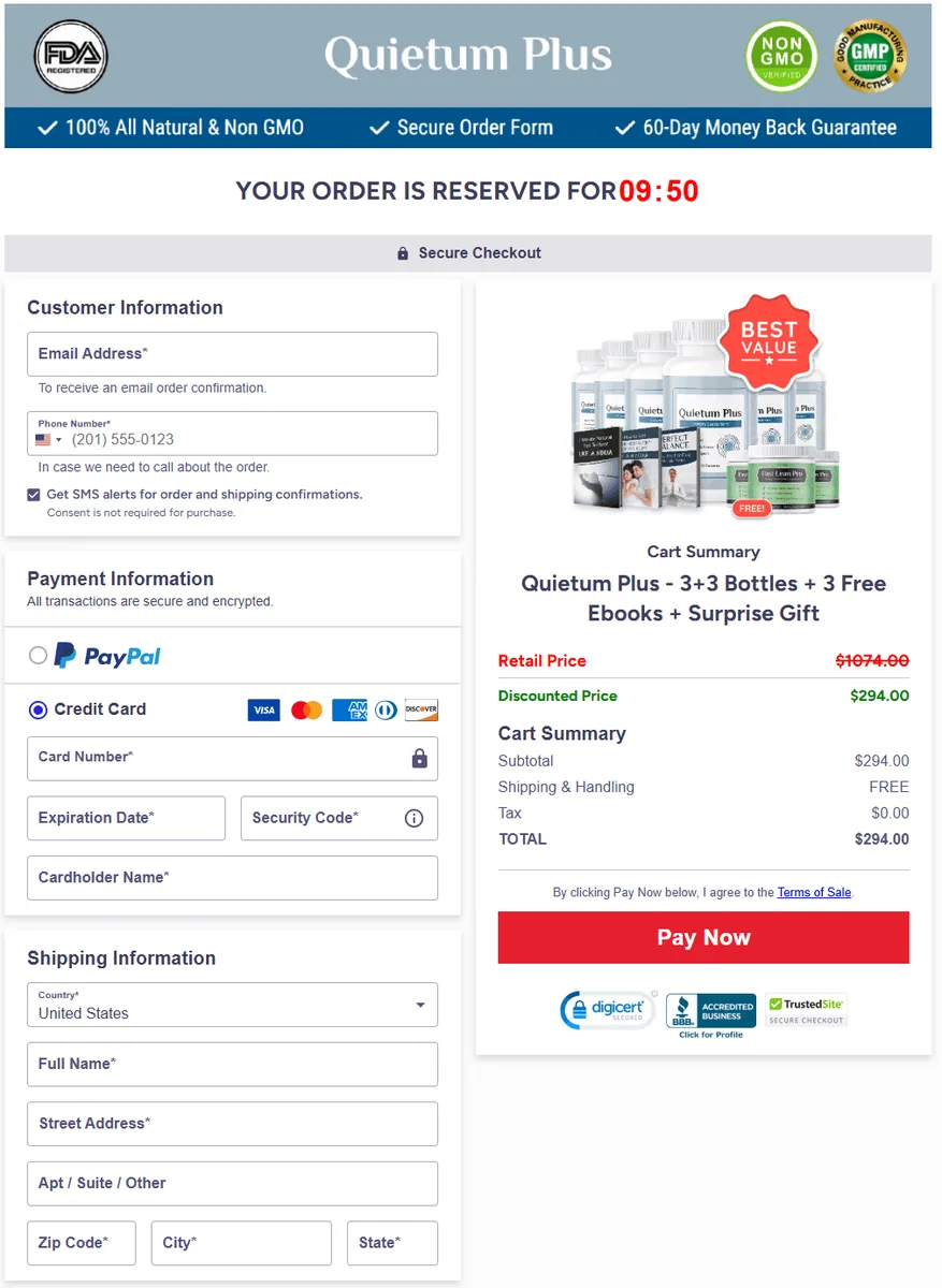 Quietum Plus secure ClickBank checkout with payment and order summary